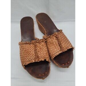 Henry Cuir Brown Woven Leather Slipon Wedge Sandals Size 41 US 9.5-10